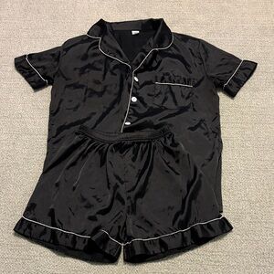 Black Satin Pajama Set with White Trim